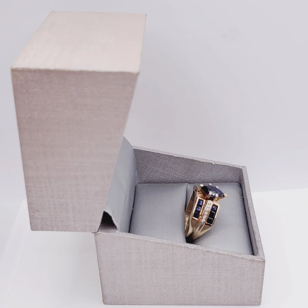 10k Solid Yellow Gold Genuine Marquise Blue Sapphire & Diamond Statement Ring